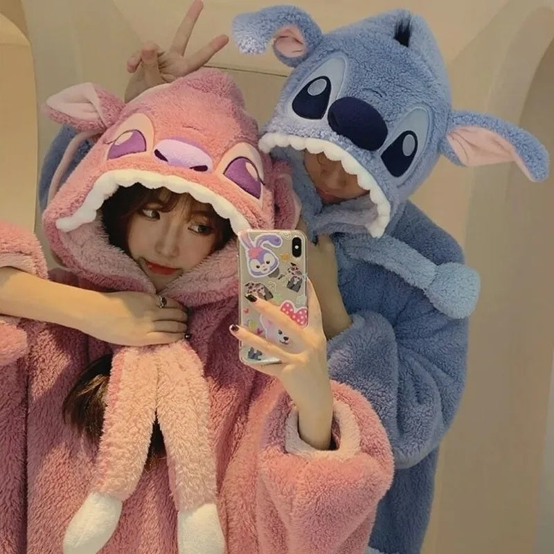 ❄️💙 Stitch Couple Flannel Pajama Set – Warm Hooded Cartoon Winter Sleepwear Cozy Coral Fleece Homewear FAIRY KIDS