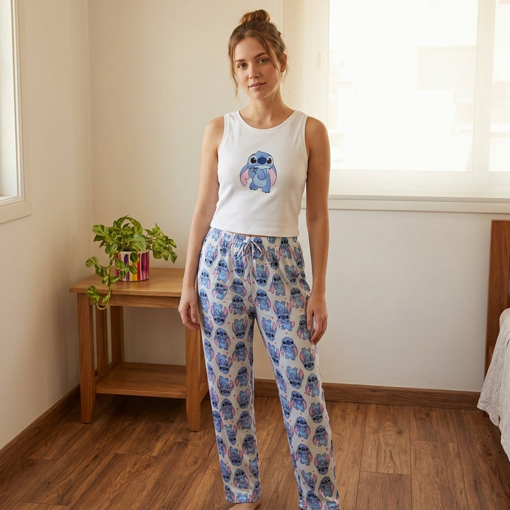 Women's 2-piece Disney Stitch Cute Cartoon Pattern Pajamas Home Clothes Strap Top+Elastic Shorts Off Shoulder Star Cartoon Print