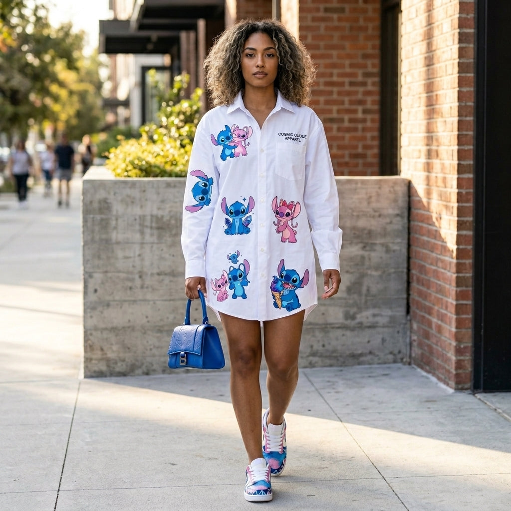 👕💙 Stitch Shirt – Cute Cartoon Casual Button-Up Shirt for Men & Women