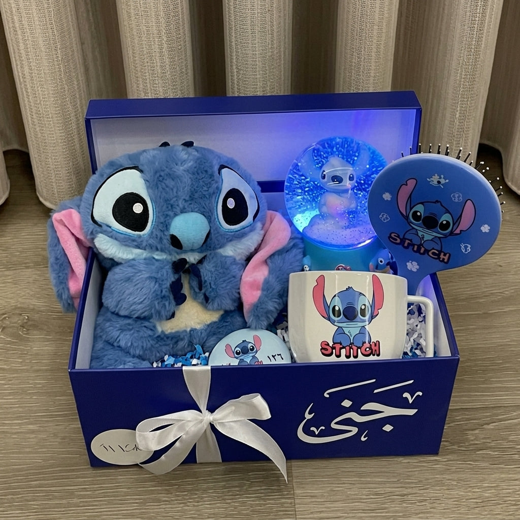 🎁💙 Stitch Gift Box Set – Plush Toy, Hair Brush, Coffee Glass & Snow Globe Collection