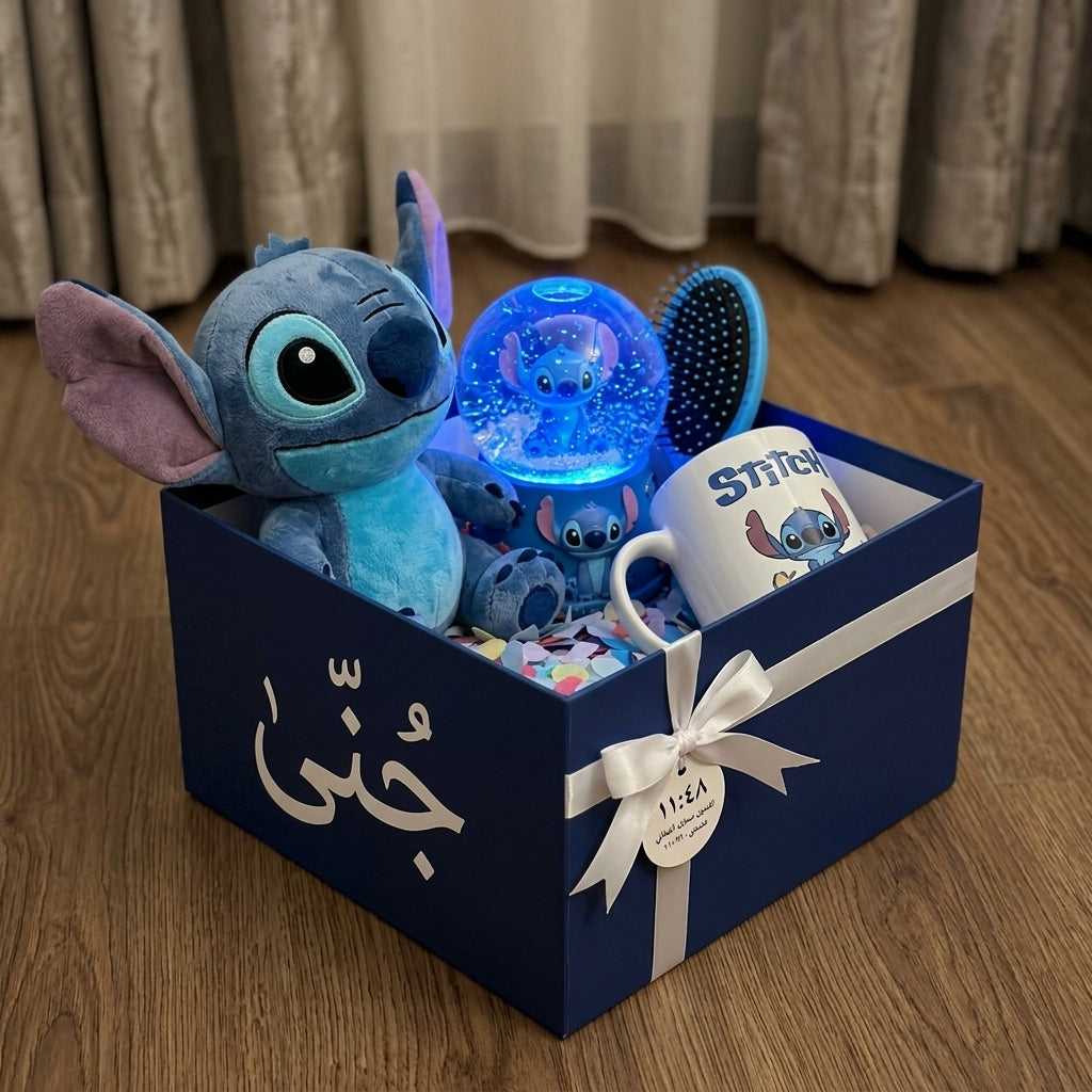 🎁💙 Stitch Gift Box Set – Plush Toy, Hair Brush, Coffee Glass & Snow Globe Collection