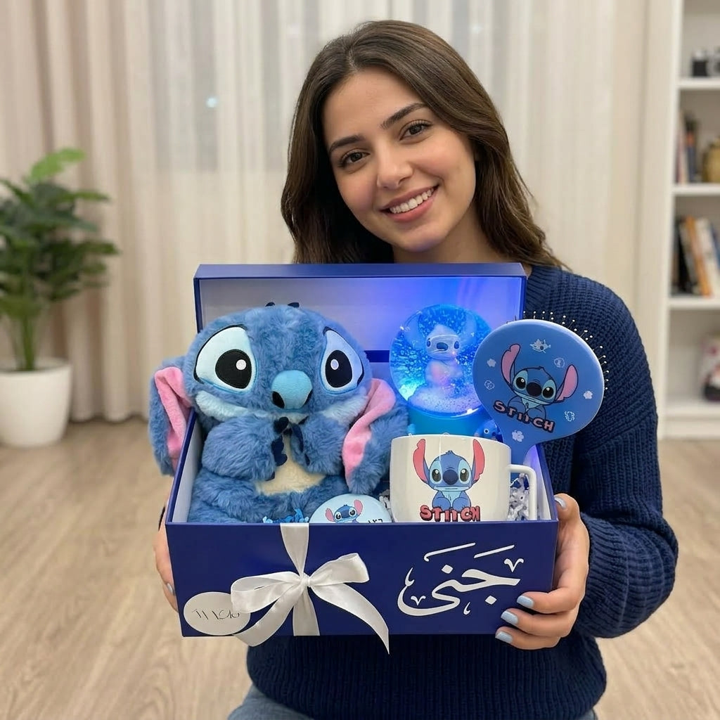 🎁💙 Stitch Gift Box Set – Plush Toy, Hair Brush, Coffee Glass & Snow Globe Collection