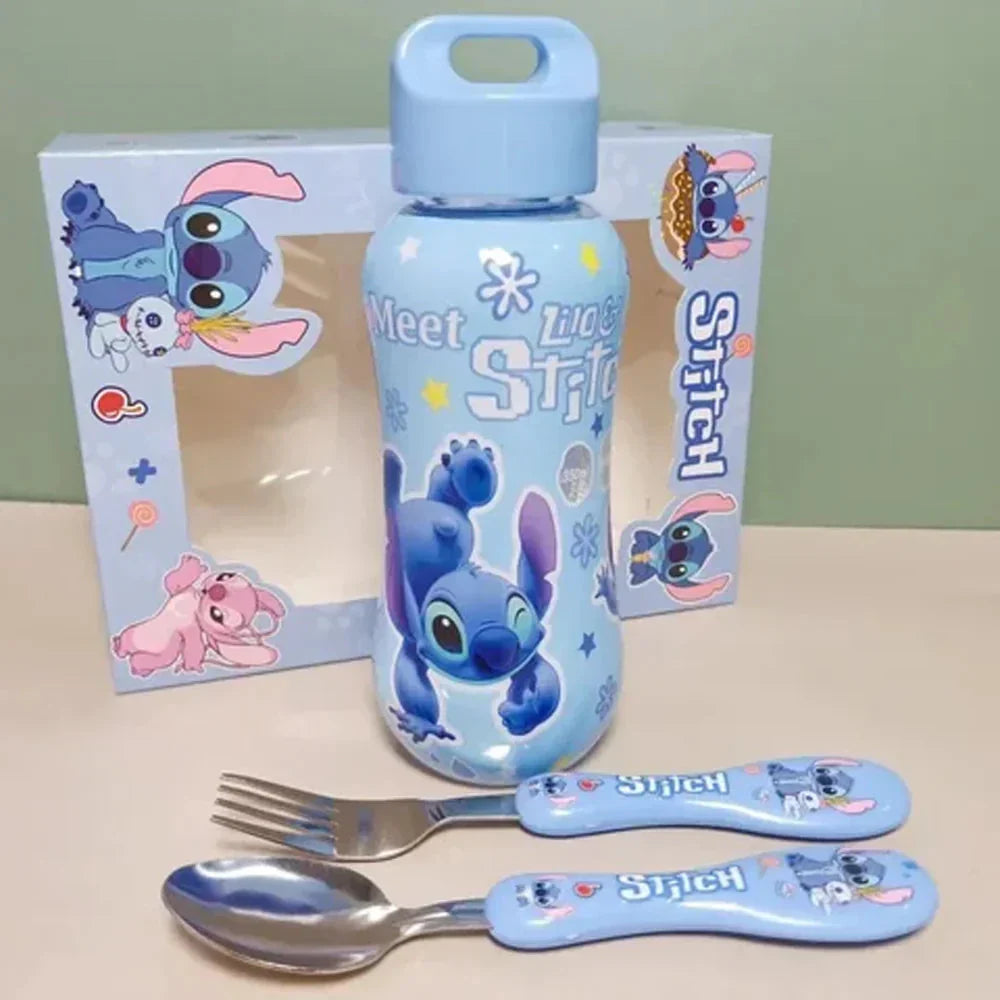 🚗💙 Stitch & McQueen Kids Water Bottle Set – Cartoon Lunch Cup with Spoon & Fork Portable Tableware Gift FAIRY KIDS