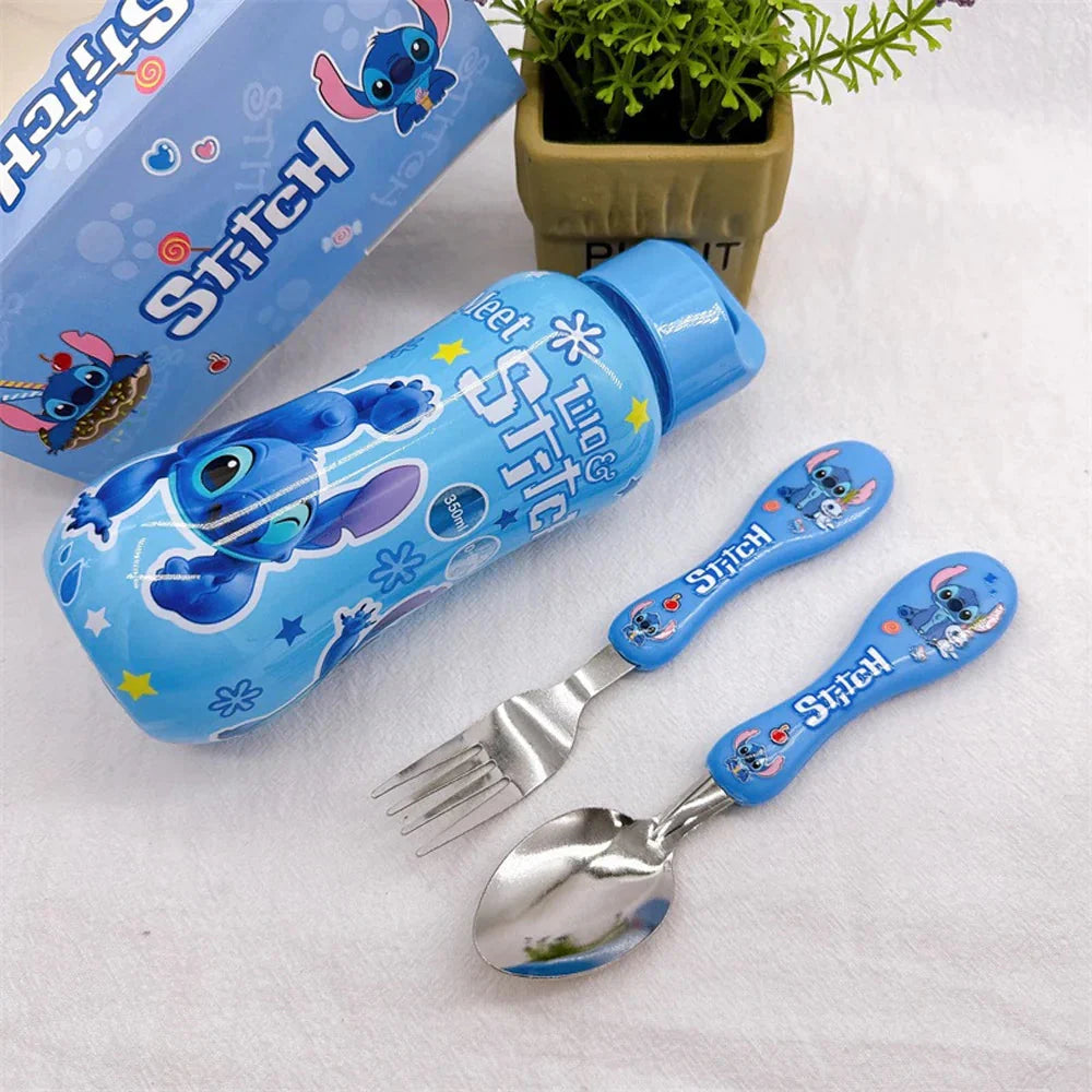 🚗💙 Stitch & McQueen Kids Water Bottle Set – Cartoon Lunch Cup with Spoon & Fork Portable Tableware Gift FAIRY KIDS