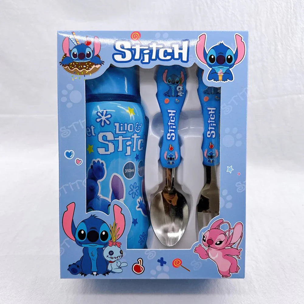 🚗💙 Stitch & McQueen Kids Water Bottle Set – Cartoon Lunch Cup with Spoon & Fork Portable Tableware Gift FAIRY KIDS