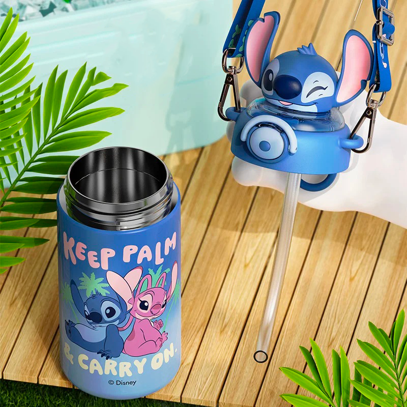 🩵 600ml Stitch Angel Water Cup | Portable Stainless Steel Bottle with Straw | Cute Cartoon Insulated Gift