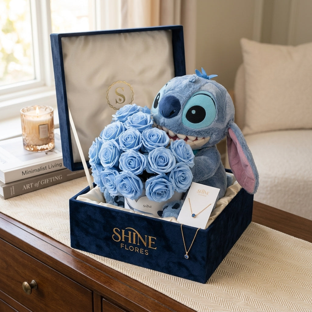 🌸💙 Stitch Gift Set – Cute Flower Bouquet & Stitch Kettle Home Decor Bundle