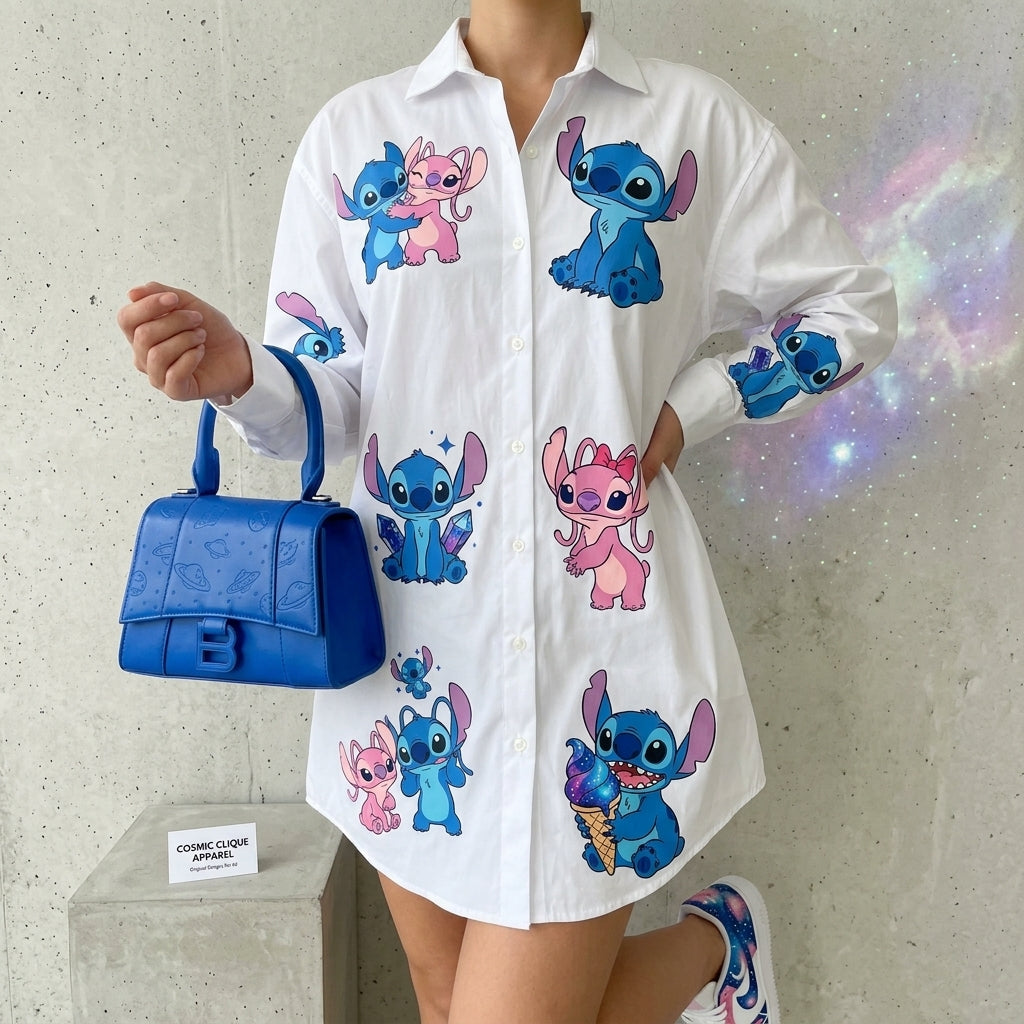 👕💙 Stitch Shirt – Cute Cartoon Casual Button-Up Shirt for Men & Women