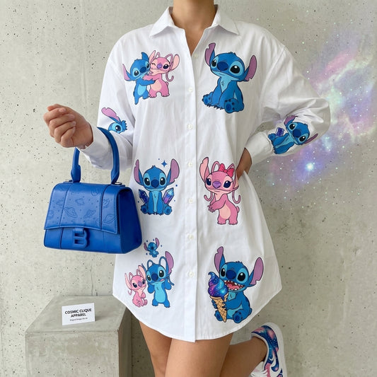 👕💙 Stitch Shirt – Cute Cartoon Casual Button-Up Shirt for Men & Women